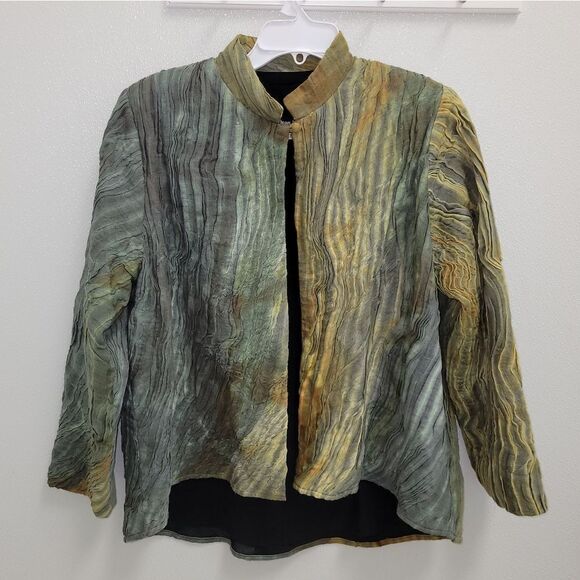 JOAN MCGEE Crinkled Hand Painted Pleated Silk Jacket Coat Tie Dye M Art to Wear - Picture 1 of 9